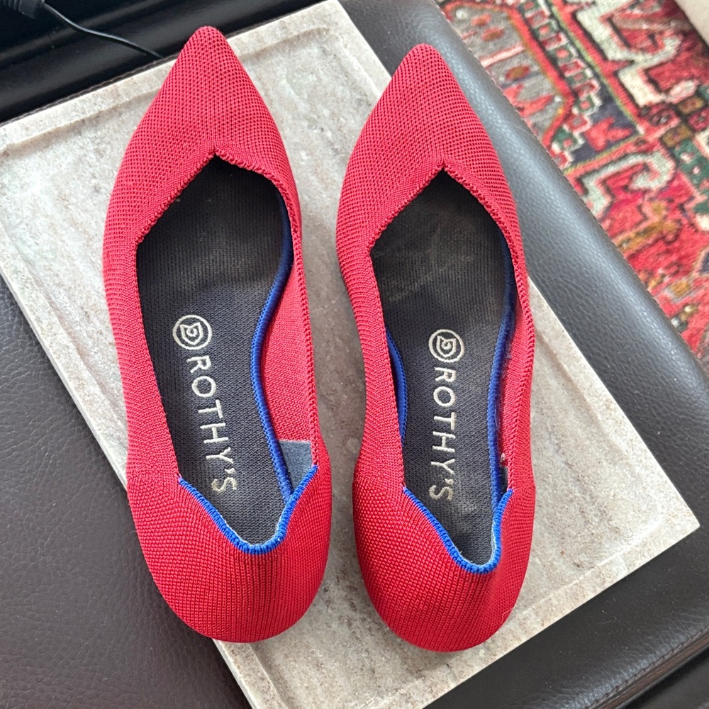 Rothy's Vibrant Red Flats with Blue Trim
